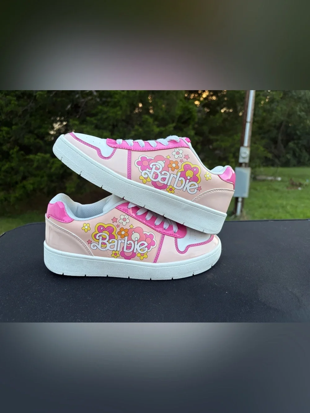 Barbie Pink White Floral Platform-Style Girls Sz 7 Sneakers school kids fall